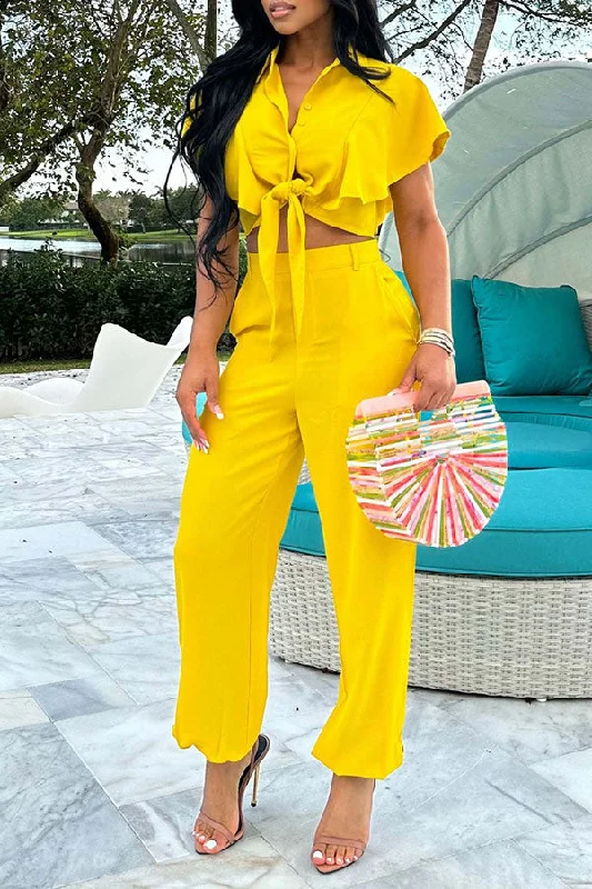 Solid Color Ruffle Sleeve Stylish Tie Front Pant Suit Casual Lounge Pants