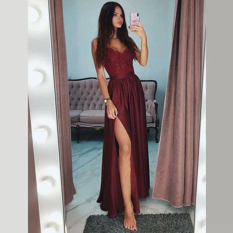 Sexy Burgundy Spaghetti Straps Lace Side-slit A-line Cheap Long Prom Dresses