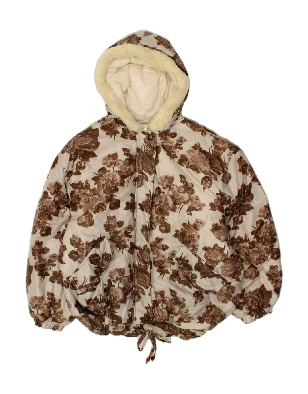 VINTAGE Womens Hooded Padded Jacket UK 16 Large Beige Floral Polyamide Front Pockets Side Pockets Patch Pockets VINTAGE Womens Hooded Padded Jacket UK 16 Large Beige Floral Polyamide Front Pockets Side Pockets Patch Pockets