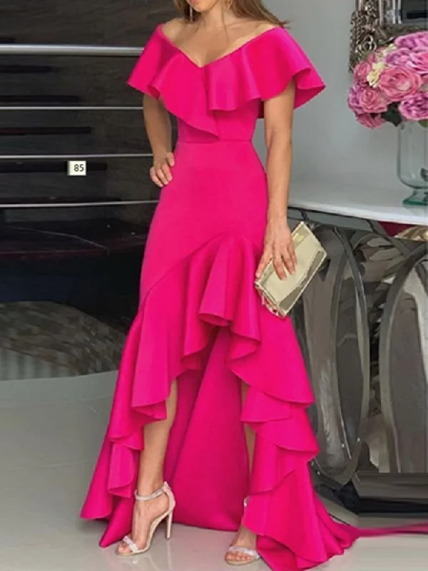 Wjczt Lady Hem Split Ruffles Vintage Long Evening Party Dress Women Sleeveless Casual V Neck Maxi Dress A Line Solid Cover Up Tunics Fall fleece
