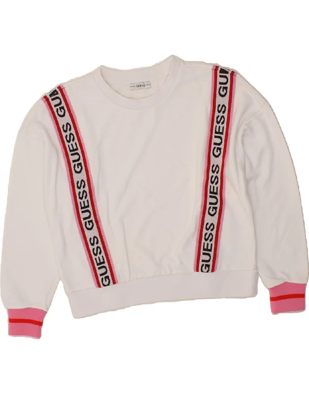 GUESS Womens Oversized Graphic Sweatshirt Jumper UK 10 Small White Cotton Hoodie with Color Block Contrast Stylish