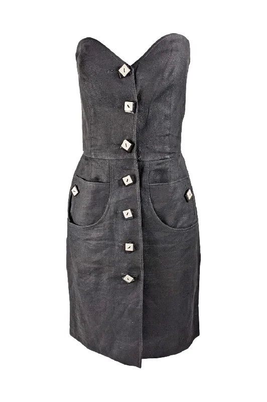Valentino Vintage Black Linen Strapless Party Dress, 1980s Tunics Luxurious high-end