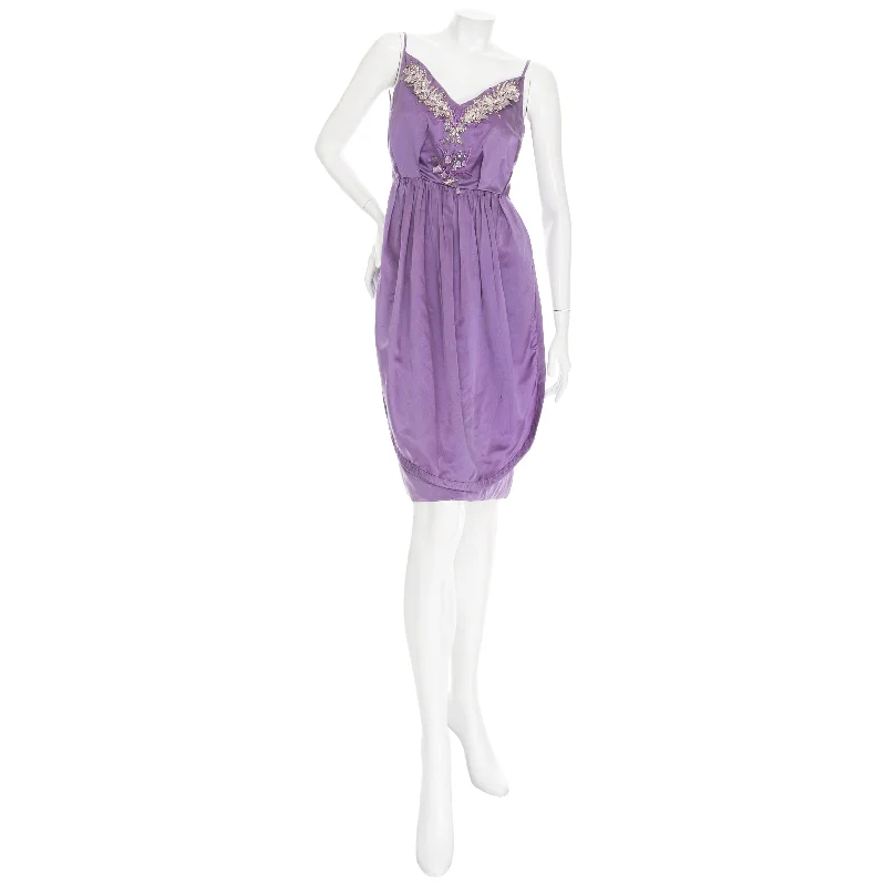 1960s Lilac Satin Floral Bead Embellished Dress Tunics Summer linen