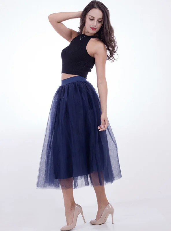 Navy Blue Large Pendulum Gauze Skirt casual skirt length