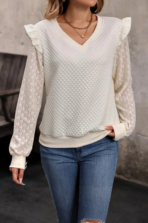 V-Neck Ruffle Trim Long Sleeve Sweatshirt Hoodie with Crew Neck Simple Timeless