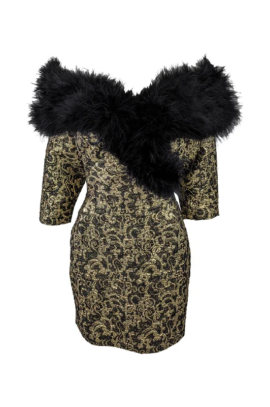 Vintage Gold Brocade Feather Trim Wiggle Party Dress, 1980s empire Waist empire