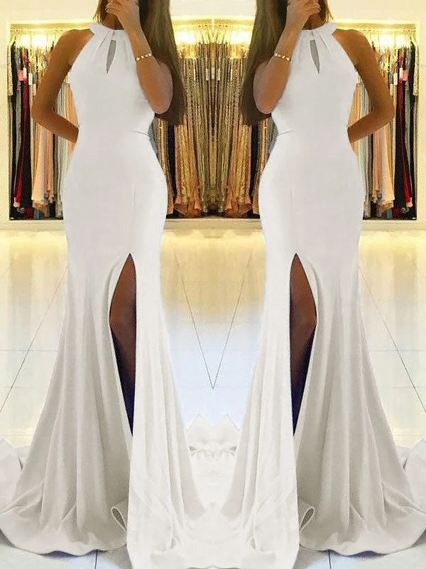 Sheath Halter Sleeveless With Ruffles Stretch Crepe Prom Dresses