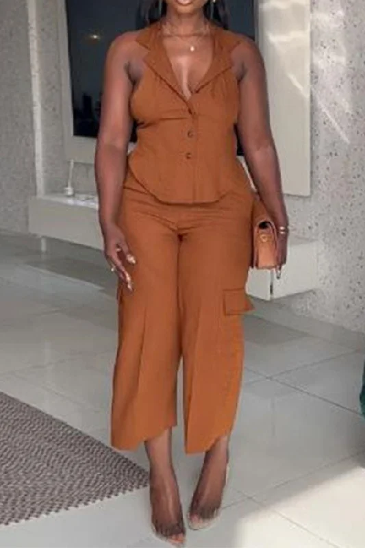 Solid Color Halter Collar On-trend Tie Back Pant Suit Formal Wide-Leg Pants