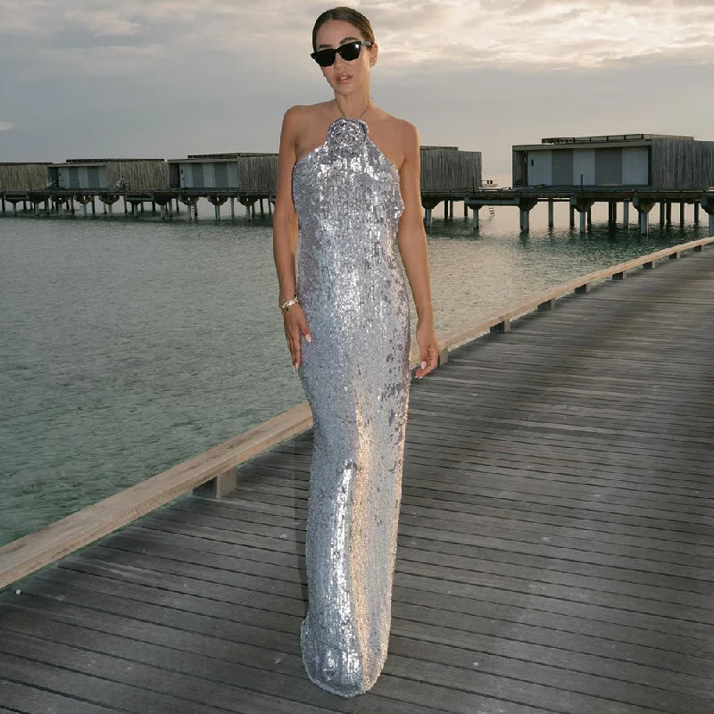 IKEARLAX New 2025 silver sequins high-end light luxury evening dress bridal toast dress sexy backless dress women's clothing