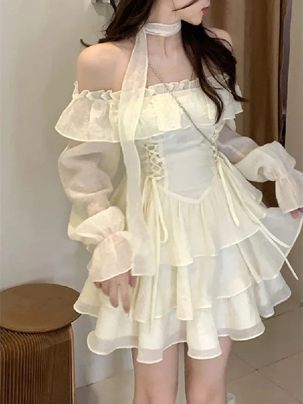 Wjczt Long Sleeve Elegant Mini Dress Lolita Pure Color Short Party Dress Woman Casual Spring Sweet One Piece Dress Korean Fashion Tunics Occasion special