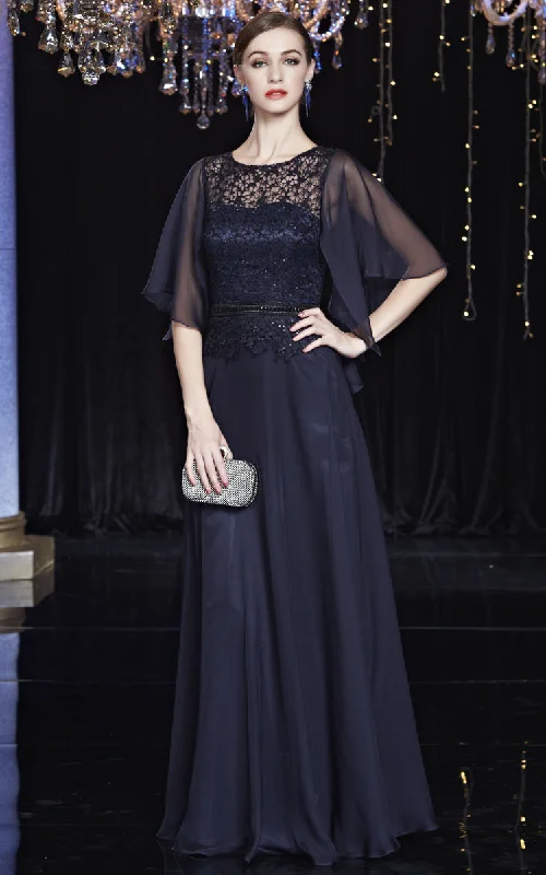 Blue Lace and Chiffon Mother of The Bride Dresses with Mid-length Sheer Sleeves Tunics Running lightweight