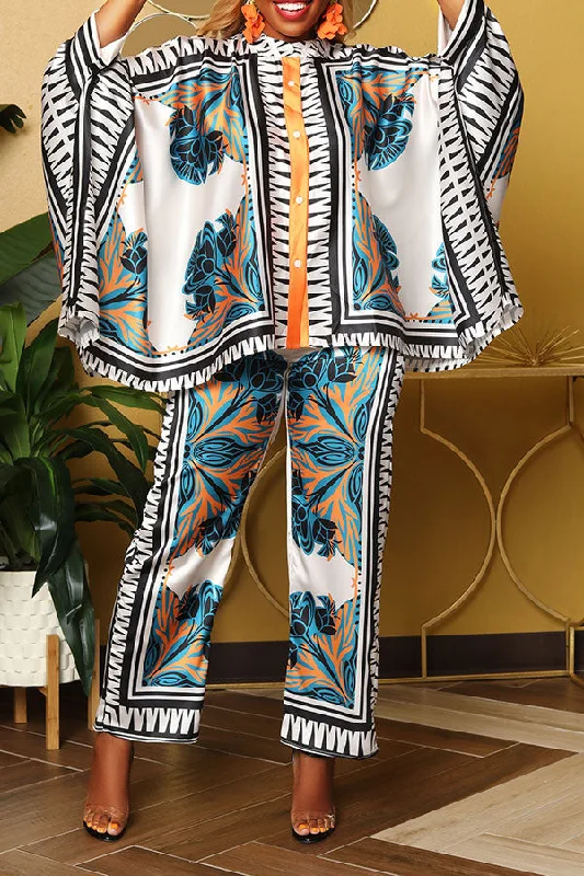 Floral Print Urban Irregular Wide Leg Pant Suit Stretch Fit Pants