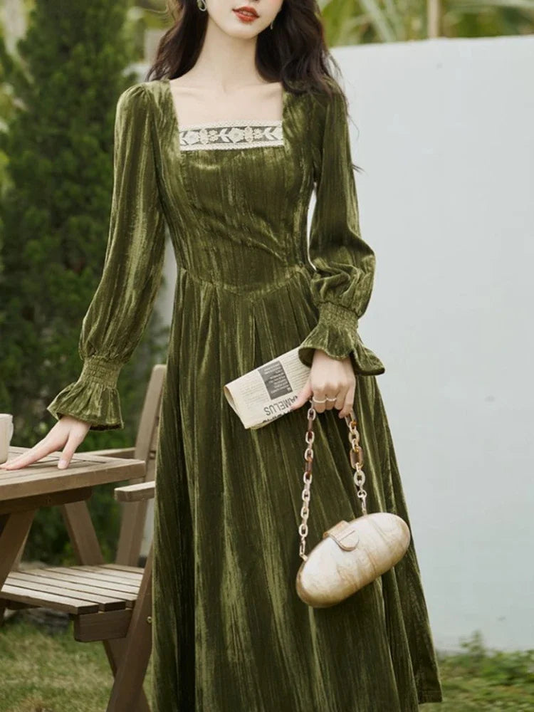 Wjczt Elegant Vintage Velvet Midi Dress Women Lace Patchwork Slim Korean Fairy Dress Female 2024 Spring Fashion Casual Party Dress Y2k Tunics Essential wardrobe