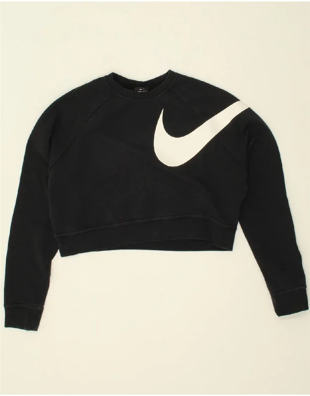 NIKE Womens Crop Oversized Graphic Sweatshirt Jumper UK 6 XS Black Hoodie with Mock Neck Collared Structured