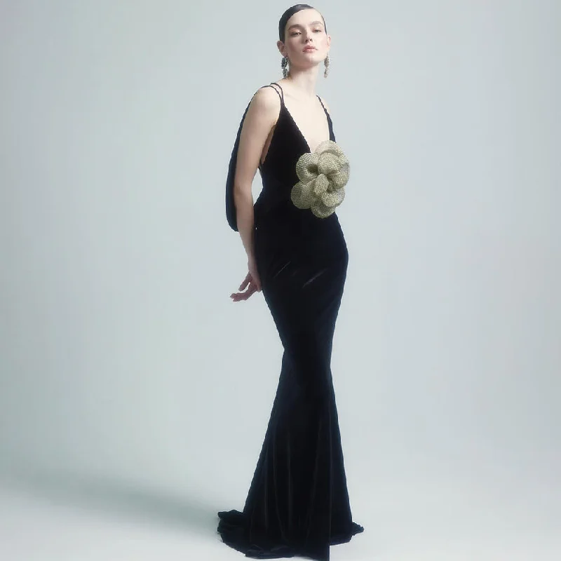 IKEARLAX black suspender backless slim gold flower dress long dress clothing new 2025 dress wholesale