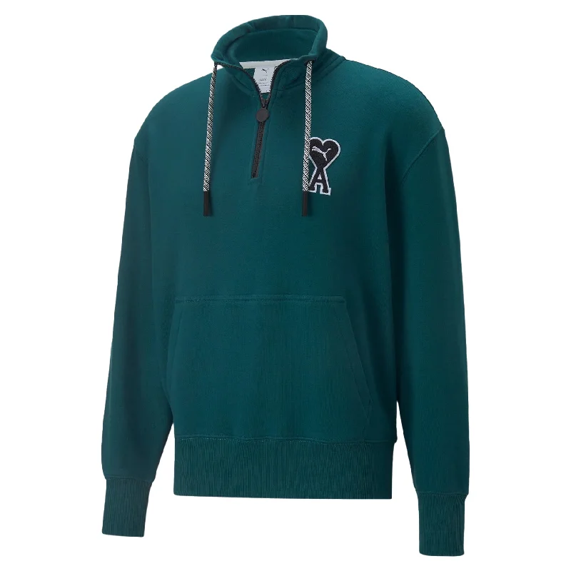 Puma x AMI Half-Zip Sweatshirt Varsity Green Hoodie with Mock Neck Collared Structured