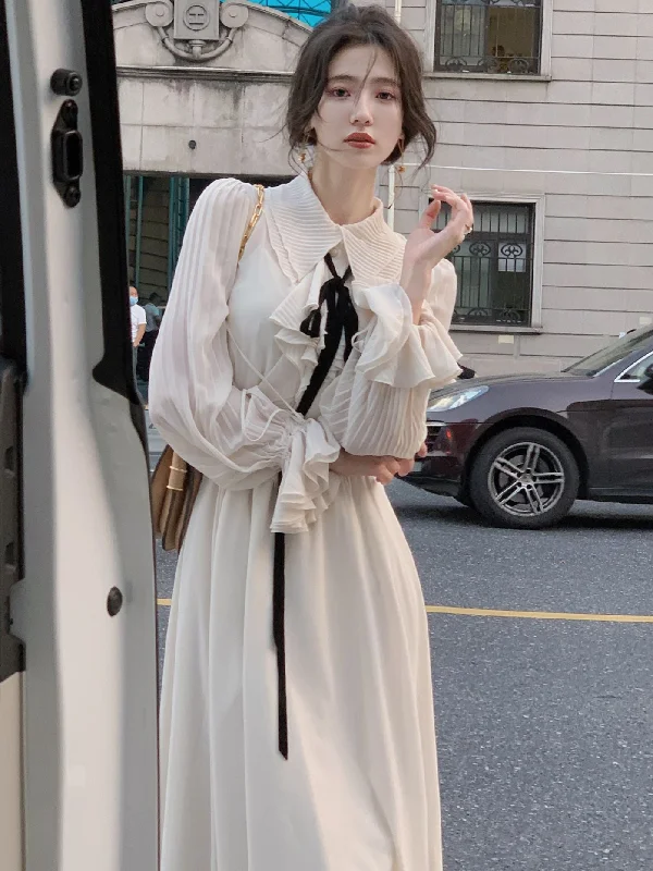 Autumn New Women Elegant Midi Retro French Style A Line  Ruffles Dress Female Vestdios Vintage Fashion  Party Prom Clothes