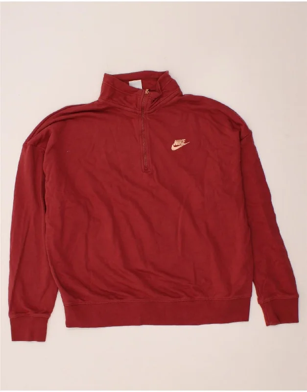 NIKE Womens Oversized Graphic Zip Neck Sweatshirt Jumper UK 14 Medium Red Zip Hoodie Drawstring Kangaroo Pocket