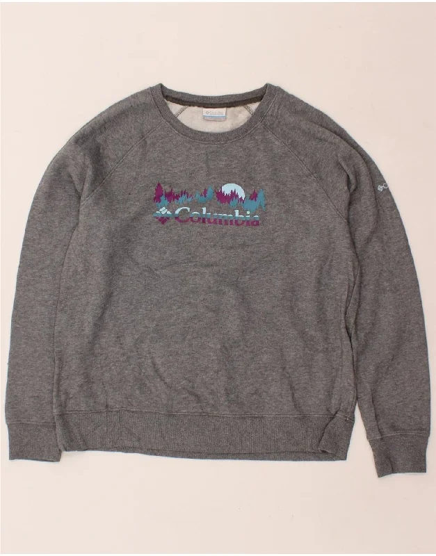 COLUMBIA Womens Graphic Sweatshirt Jumper UK 16 Large Grey Cotton Hoodie with Hem Drawcord Adjustable Customizable