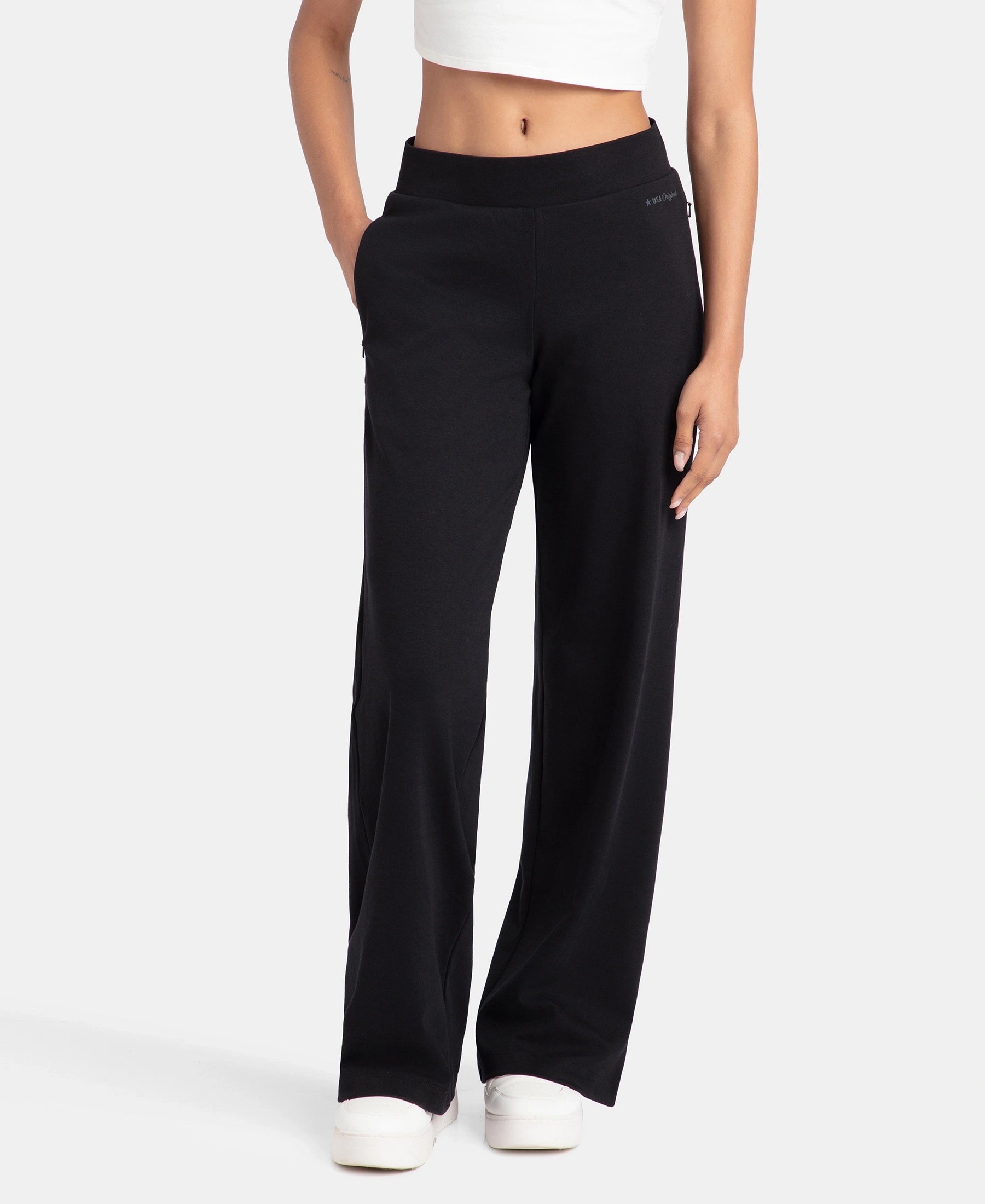 Super Combed Cotton Rich Relaxed Fit Wide Leg Pants with Zipper Pockets - Black High-Waist Trousers