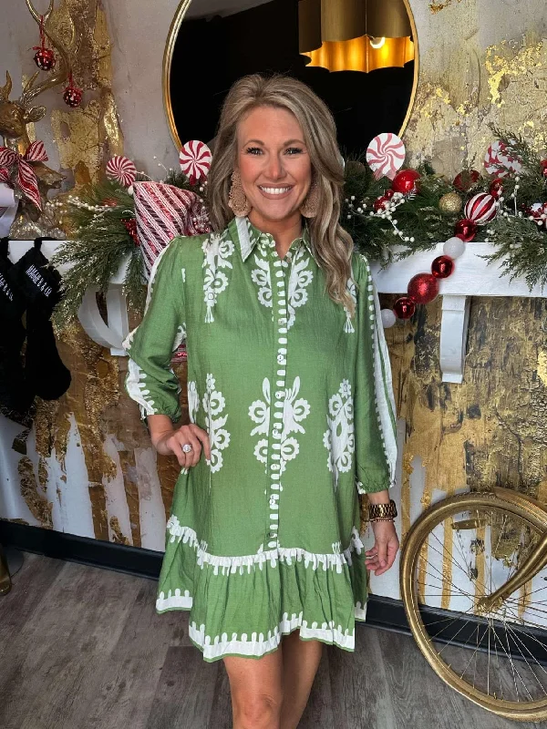 Green Border Print Tiered Hem Dress