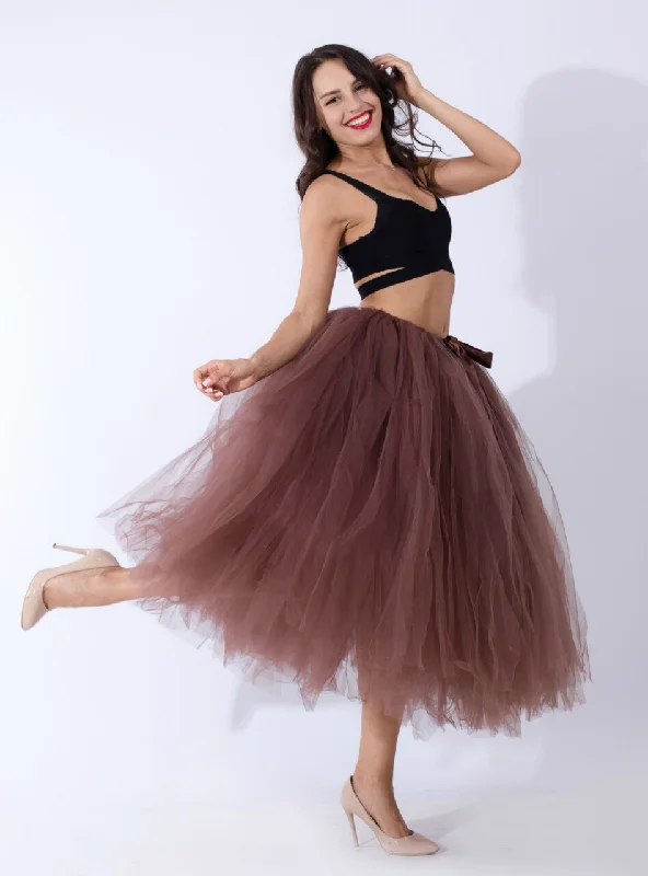 Women Coffee Tulle Tutu Middle Skirt silk skirt lustrous