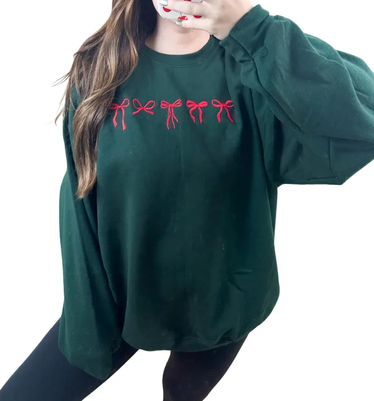 Women's Embroidered Mini-Bows Holiday Sweatshirt In Green Hoodie with Elastic Cuffs Stretchable Comfortable