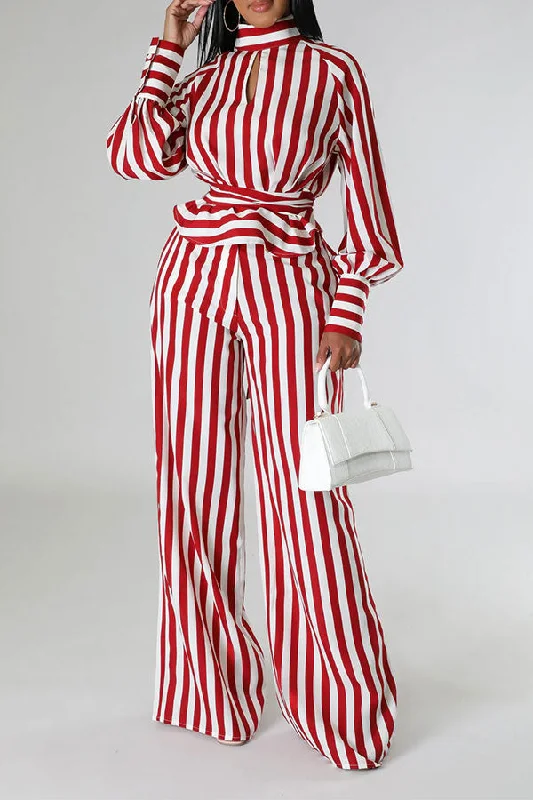 Striped Modern Lace-Up Wide Leg Pant Suit Fashionable Track Pants