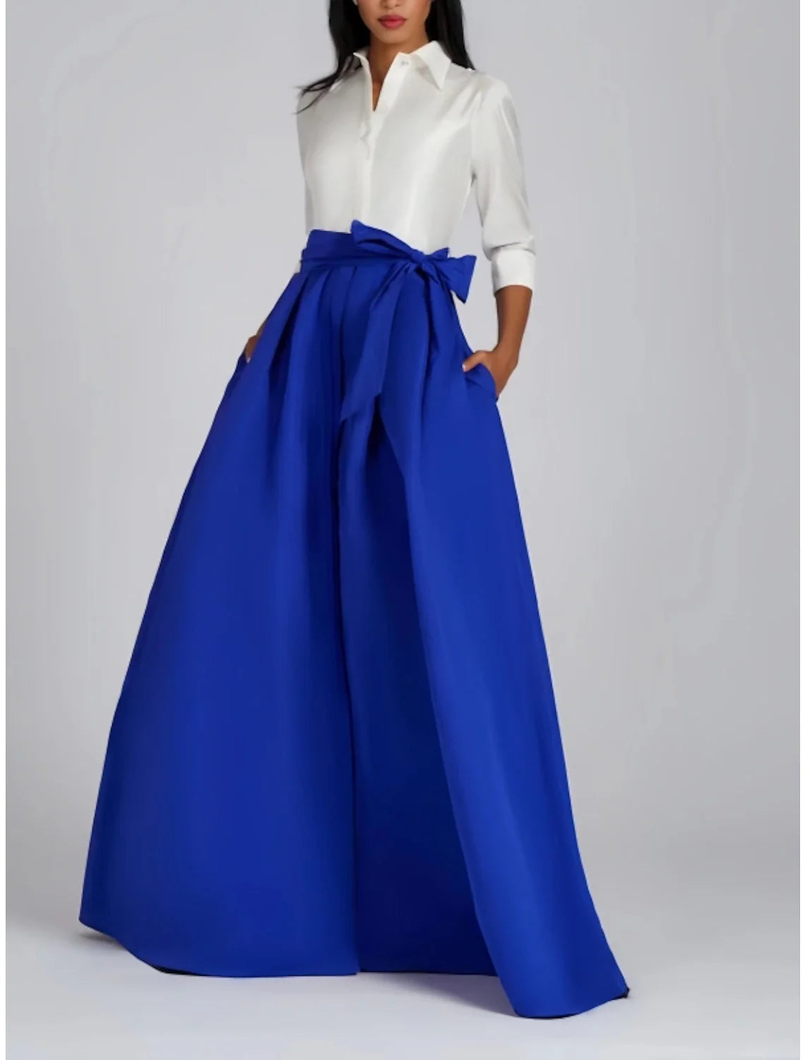 A-Line Evening Gown Party Dress Formal Wedding Guest Floor Length 3/4 Length Sleeve Shirt Collar Satin with Bow(s) Pleats Tunics Stylish modern