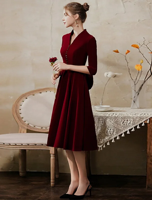 A-Line Minimalist Vintage Party Wear Cocktail Party Dress V Neck Half Sleeve Tea Length Velvet with Sleek Tunics Print Colorful