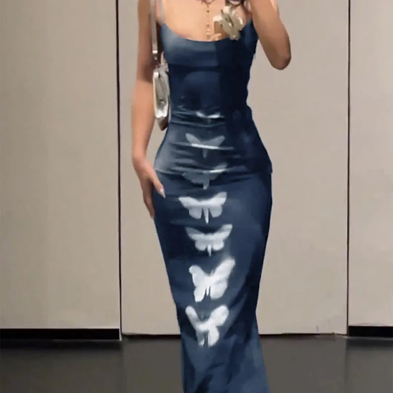 Wjczt Sexy Dress For Women Summer Sleeveless Fashion Print Backless Slim Strap Long Dress Streetwear Elegant Club Party Dresses Female Boatneck Modish Everyday