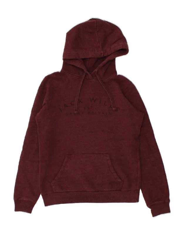 JACK WILLS Womens Graphic Hoodie Jumper UK 8 Small Burgundy Cotton Hoodie with Applique Textured Unique