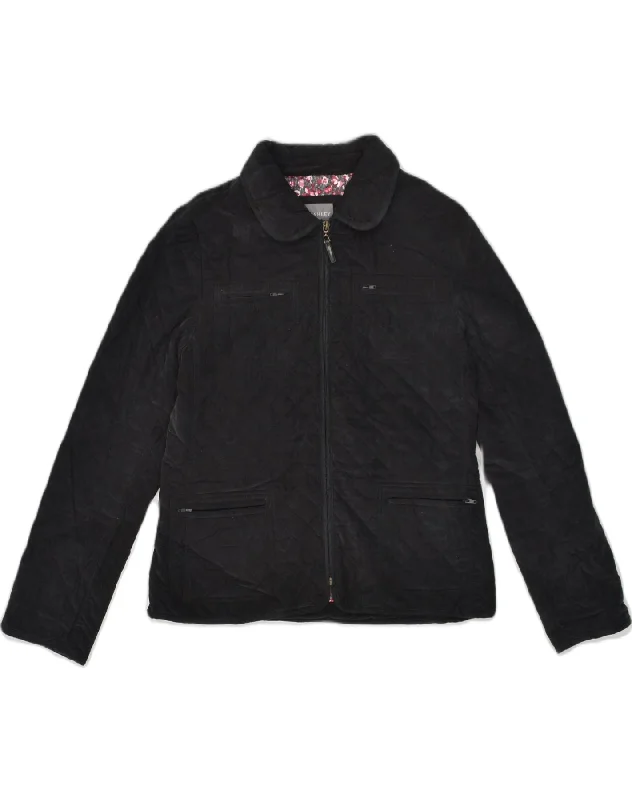 LAURA ASHLEY Womens Quilted Jacket UK 12 Medium Black Cotton Hooded Jacket Caped Jacket Shawl Collar Jacket
