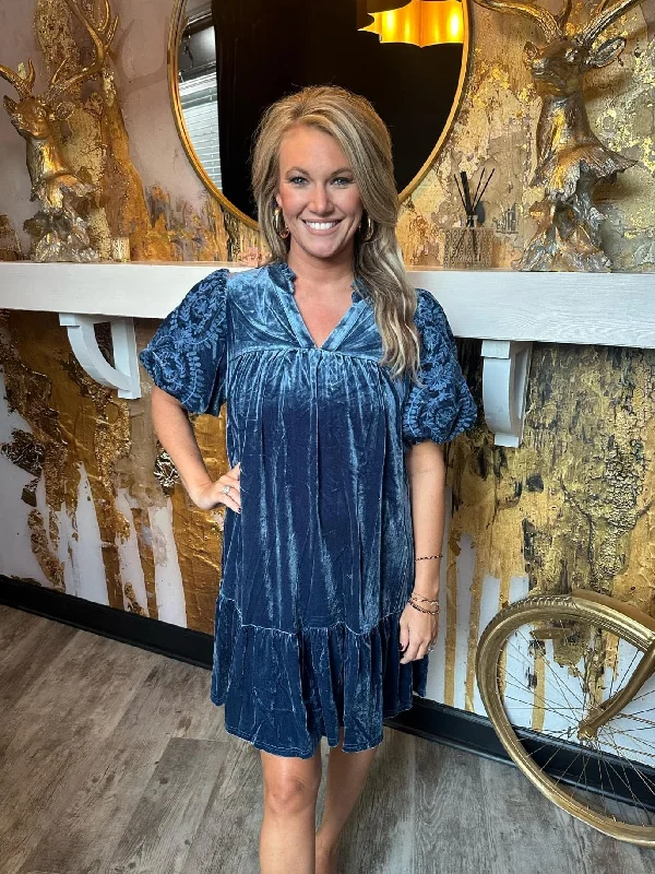 Slate Blue Velvet Embroidered Sleeve Dress