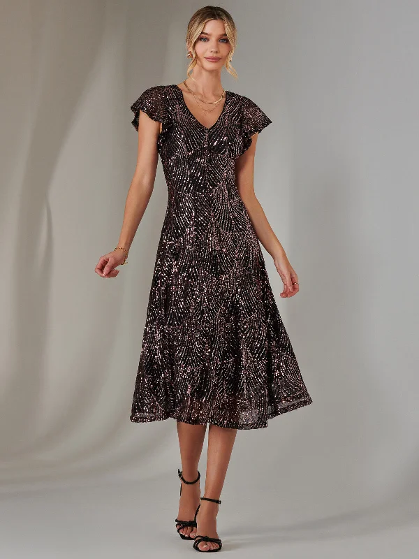 Sequin V Neck FIt & Flare Midaxi Dress, Black Rose Gold