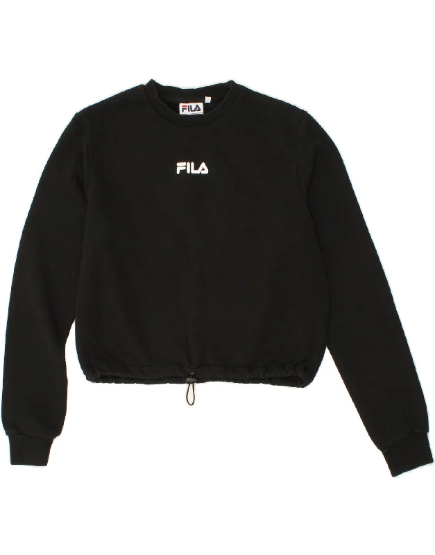 FILA Womens Oversized Crop Graphic Sweatshirt Jumper UK 10 Small Black Hoodie with Contrast Stitching Detailed Premium