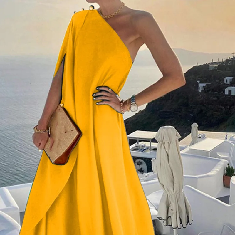 Wjczt New Summer Fashion One Shoulder Button Beach Long Dress Elegant Women Solid Loose Party Dress Sexy Diagonal Neck Boho Robe Dress Tunics Running lightweight