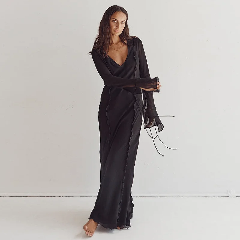 Elegant Black Sheer Beach Dress Women Sexy Flare Sleeve Mesh Tassel Bodycon Summer Dress Night Party Long Dress Cover-Ups
