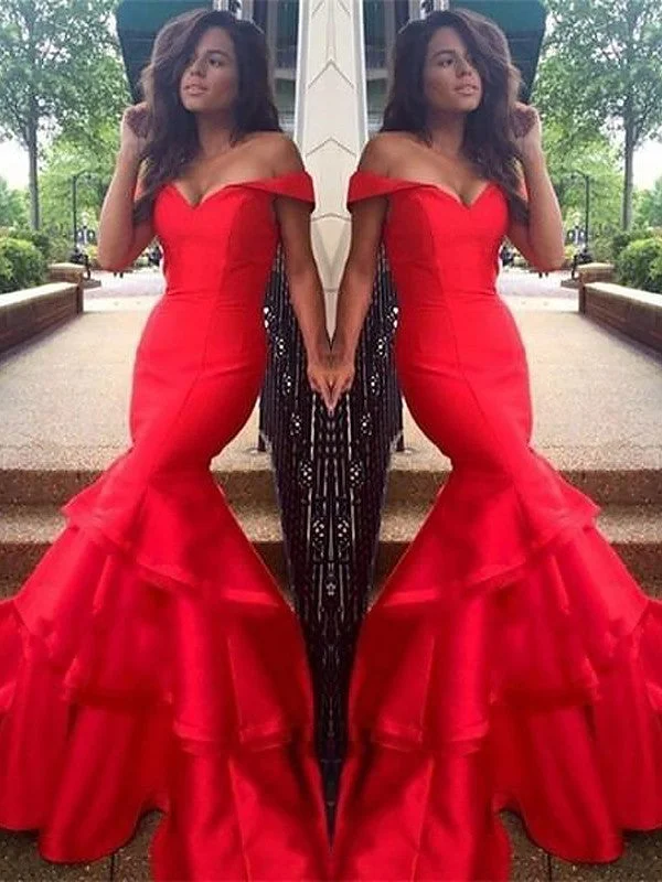 Gorgeous Mermaid Sleeveless Off-the-Shoulder Satin Layers Prom Dresses