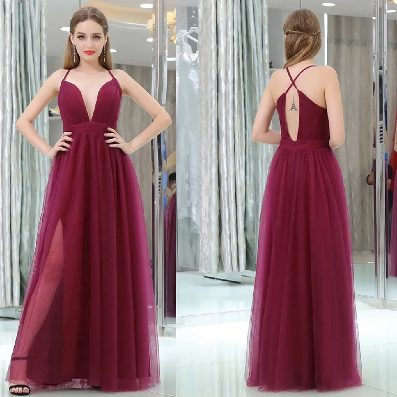 Long Prom Dresses, Tulle Prom Dresses, Deep V-Neck Party Dresses, Open-Back Evening Dresses, A-Line Prom Dress, Side Split Prom Dress, Sexy Prom Dress, LB0624 Sequined Elegant Party