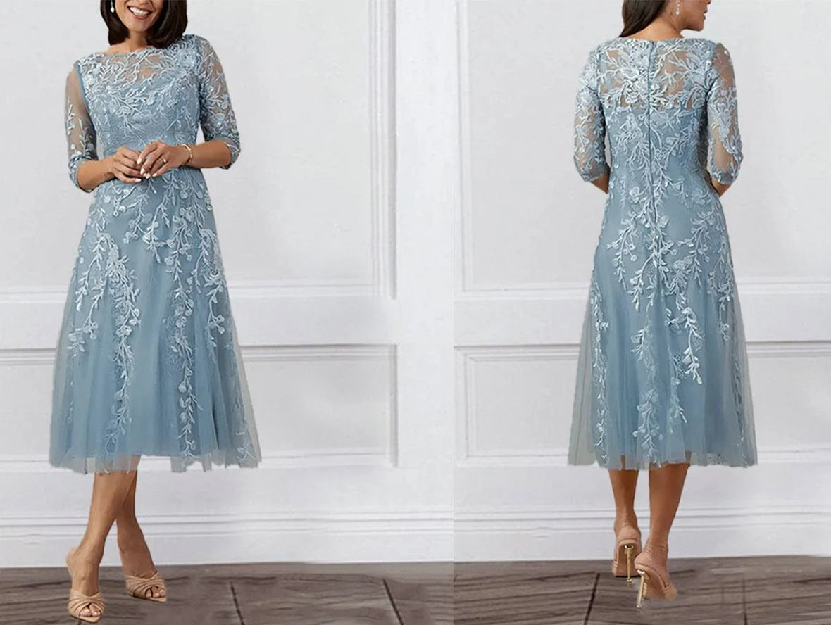 Mist Blue Floral Lace Sleeves Mid Length Mother of The Bride Dress Tunics Sale discount
