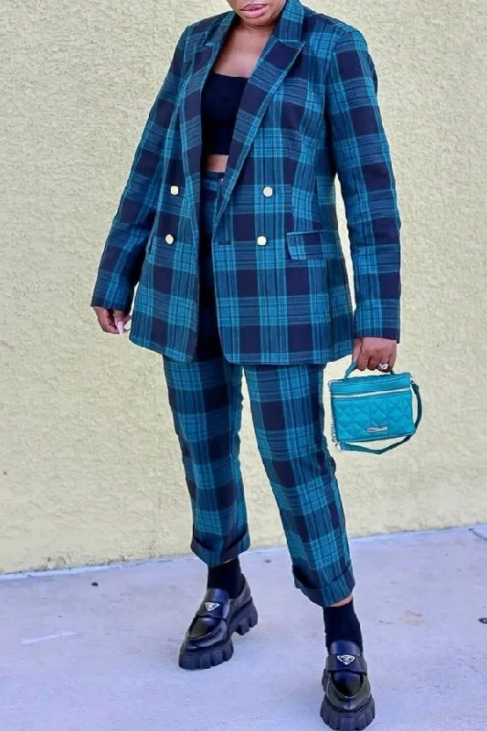 Plaid Print Peak Lapel Unusual Pant Suit Chic Black Leggings