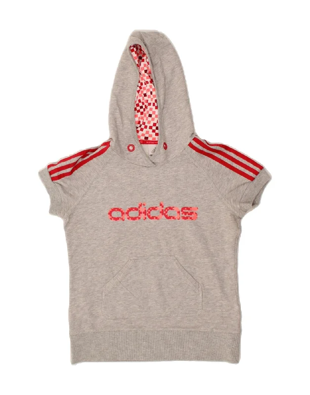 ADIDAS Womens Graphic Short Sleeve Hoodie Jumper UK 10 Small Grey Cotton Hoodie with Stripes Bold Sporty