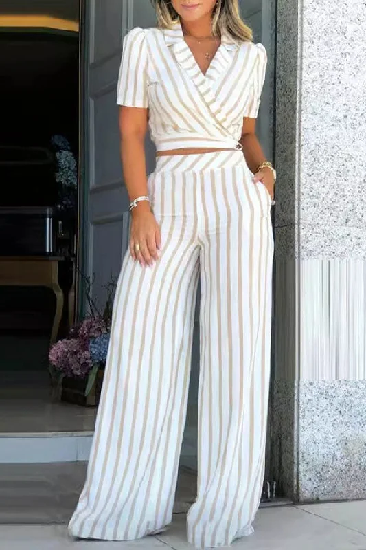 Stripe Unique Turndown Collar Wide Leg Pant Suit Elegant Trouser Pants