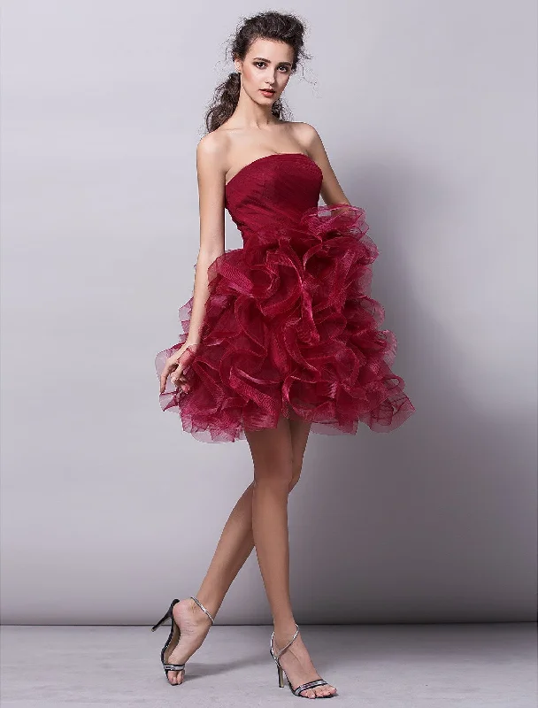 Cocktail Party Dress Strapless Sleeveless Short Mini Tulle with Ruched Tier Tunics Corduroy durable
