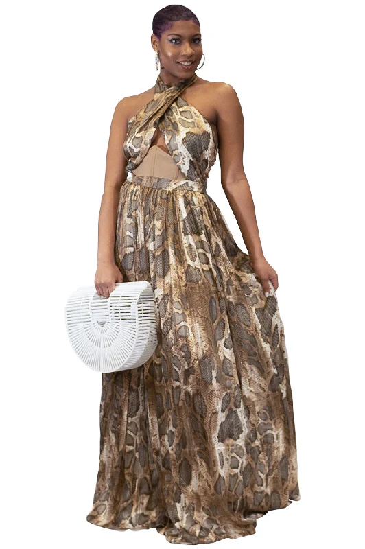 I'm Loving My Maxi Halter Dress, Brown/Snake Print Tunics Fleece cozy