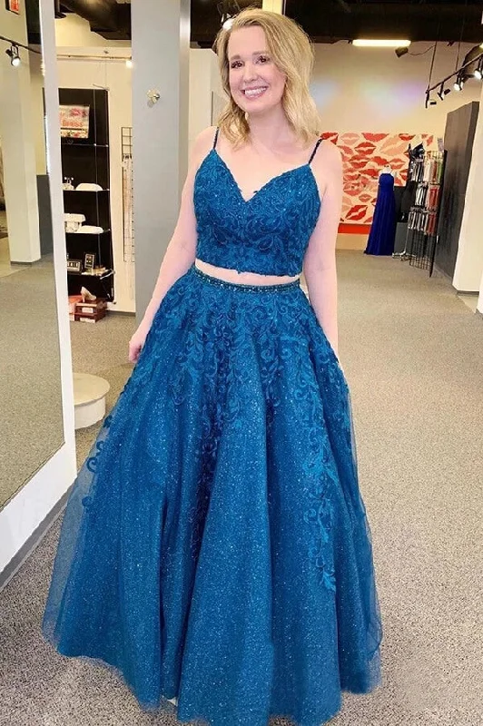 Mykonos Blue Sparkly Two Pieces Appliqued Spaghetti Straps Prom Dress