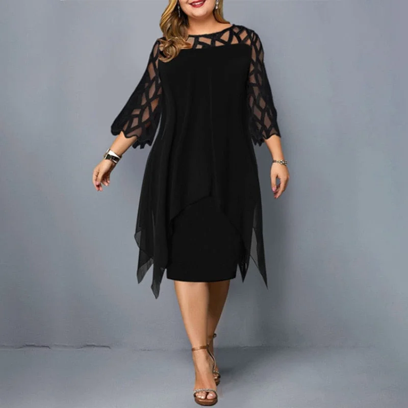 Wjczt Plus Size Dresses 4XL 5XL 6XL Lace Mesh Sexy Elegant Midi Party Dress Red Black Green Purple Loose Women's Clothing 2021Dresses Tunics Leisure comfortable