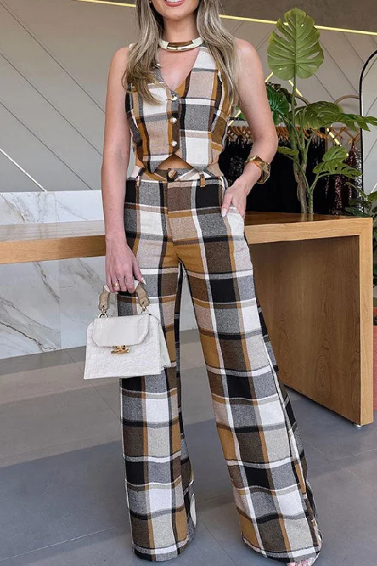 Plaid Sleeveless Feminine OL Pant Suit Relaxed Casual Leggings