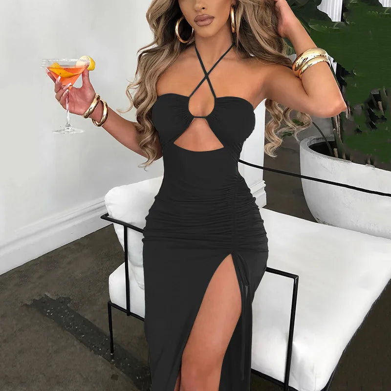 Wjczt Sleeveless Sexy Dress Women Clothing Backless Hollow Out Slim Party Dresses Fashion Casual Summer Bodycon Elegant Split Dress Boat Neckline Classic